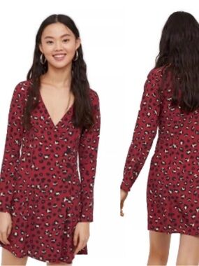 H&M maroon animal print wrap dress 10